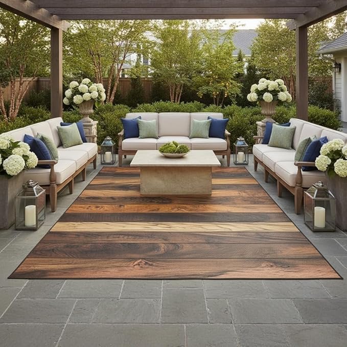 Natural Country Wood Grain Outdoor Rug 2x6 Brown Rustic Wooden Board Farmhouse Outdoor Area Rug Non Skid Waterproof Quick Dry Carpet for Patio Balcony Camping Porch Deck Pool Outdoor Carpets Mat
