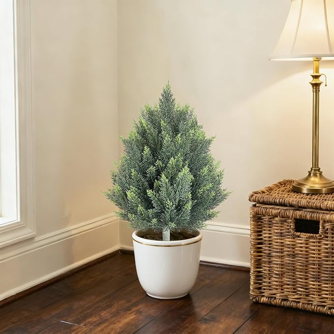 32inch Artificial Topiary Tree Set of 2 Beautiful Realistic Faux Cedar Pines Christmas Trees UV Rated Fake Shrubs for Front Porch Faux Plants Indoor and Outdoor Decor