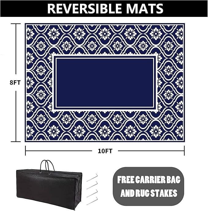HUGEAR Outdoor Rug 8x10 Patio Camping Carpet Waterproof Mat Blue Outside Plastic Area Rug Reversible Rugs for RV Deck Entryance Porch Picnic Balcony Beach(8x10ft Navy Blue&White)