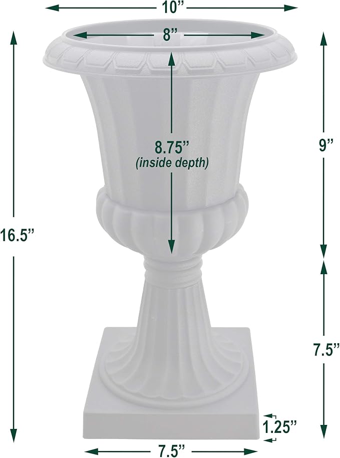 Arcadia Garden Products Plastic Garden Pedestal Urn, Set of 2 Classic Decorative Garden Pot Planter for Indoor and Outdoor Plants, 10” x 17”, White