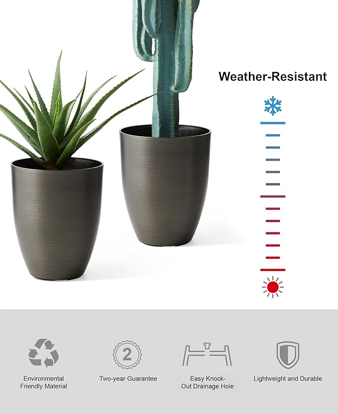 Glitzhome 16.75" H Tall Planters for Outdoor Plants,Tall Black Planter with Drainage Holes,Modern Resin and Stone Faux Brushed Steel Texture Large Planters,Garden Flower Pots for Porch Indoor,Set of 2