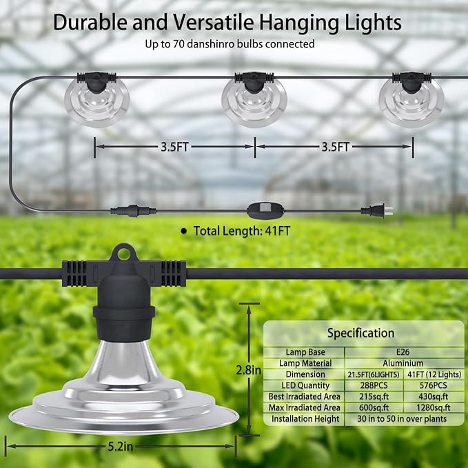 Outdoor LED Grow Light, Waterproof String Plant Growing Light, 41 FT Full Spectrum Growth Light, Suitable for Garden, Farm, Flower, Seedling Greenhouse Grow Light (12 Light)