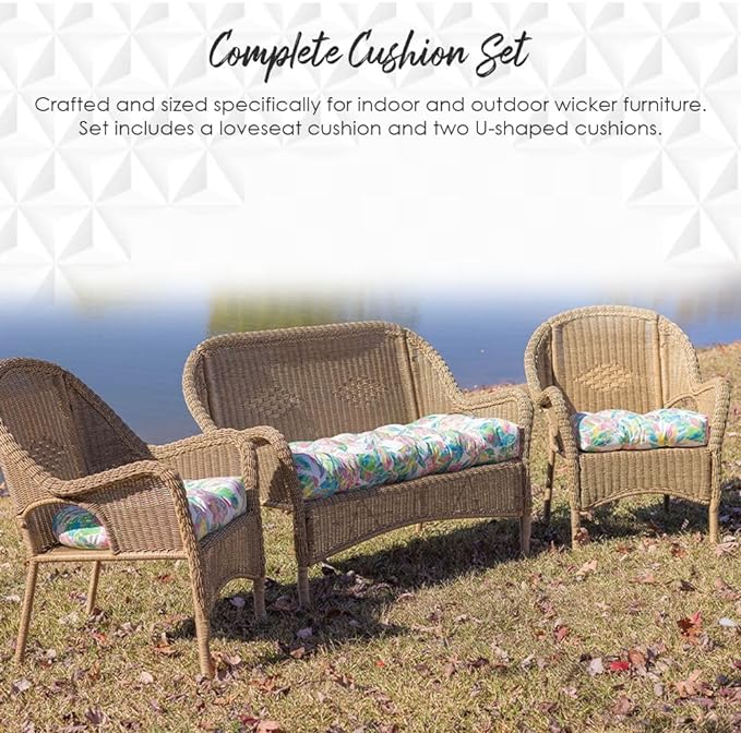 RSH DECOR: 3-Piece Wicker Tufted Cushion Set | for Large Wicker Sets | Outdoor Loveseat & U-Shaped Seat Cushions | Water & Fade-Resistant Spun Fabric | Daelyn Cherry