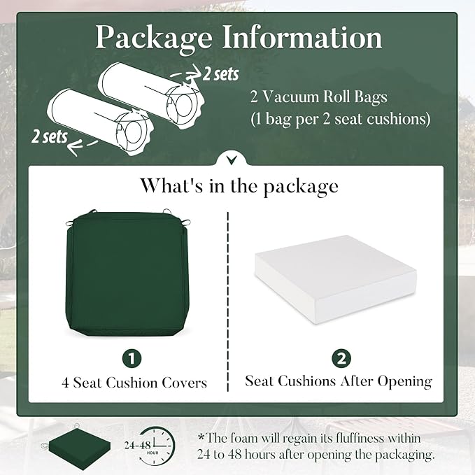 Basic Beyond Outdoor Chair Cushions for Patio Furniture, Waterproof Outdoor Seat Cushions Set of 4 18 x 18, Patio Chair Cushions Set of 4 with Ties and Handle, Forest Green