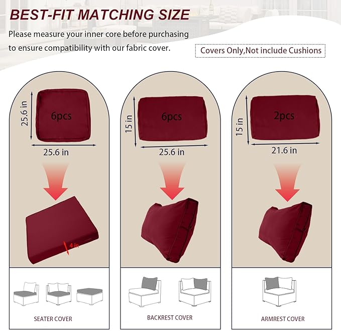 Outdoor Cushion Covers for Patio Furniture, Patio Cushion Covers Replacement with Zipper, Waterproof & Fade Resistant,Only Cover (Burgundy, 25.6Lx25.6Wx4H - Only Covers)