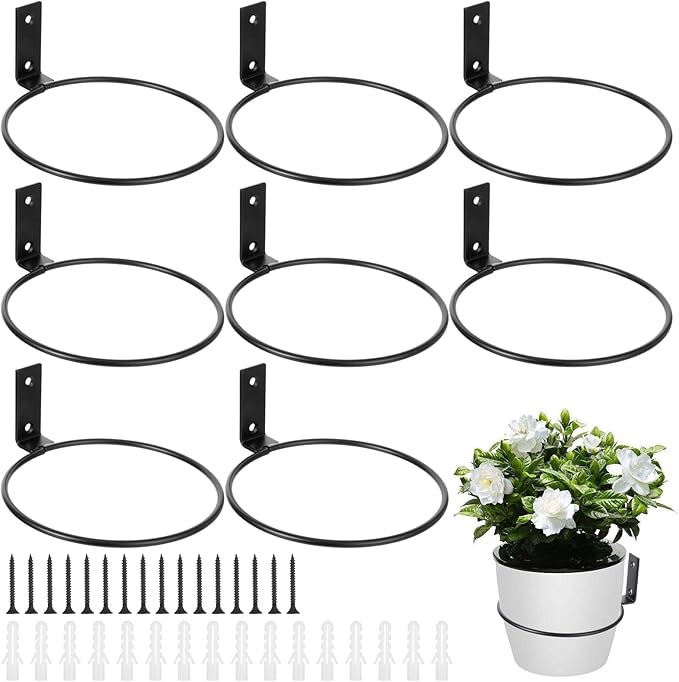 8 Pack 6 Inch Flower Pot Holder Rings, Wall Mounted Metal Planter Hangers with Screws, Indoor Outdoor Plant Stand Hanging Brackets for Garden Decor