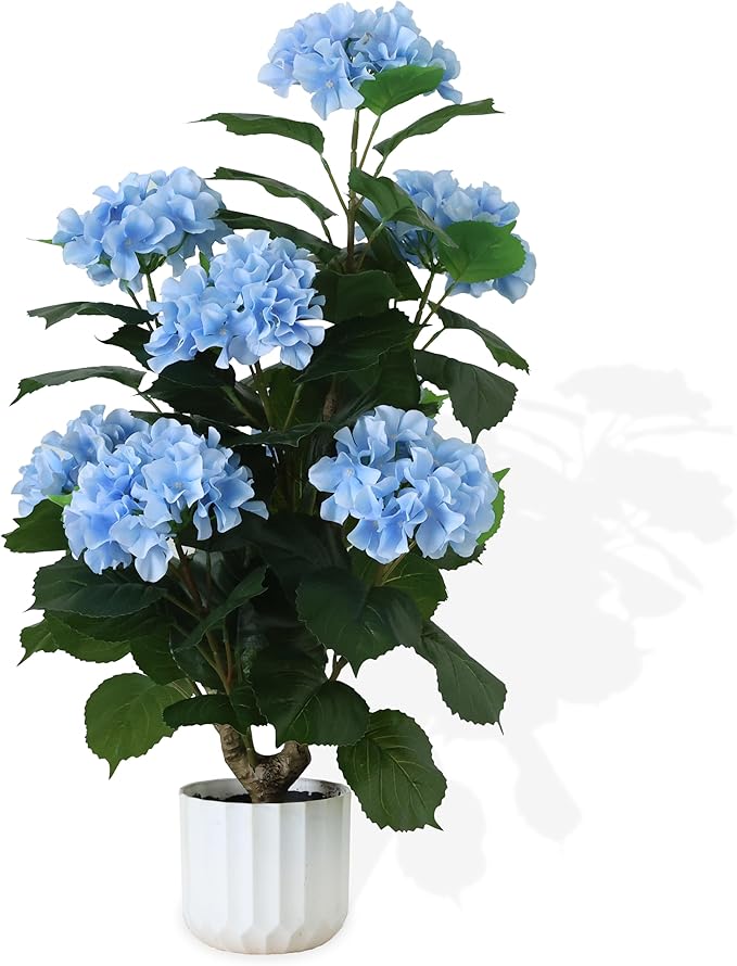 31" Large Artificial Blue Hydrangea Floor Plant, Realistic Faux Silk Floral Arrangement in Black Pot, UV Resistant Tall Outdoor Decorative Flowers for Porch, Patio, Office & Home Entrance