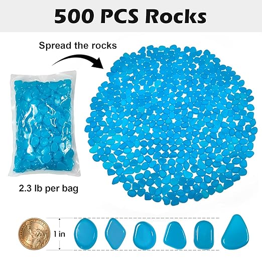 Glow in The Dark Rocks Outdoor, 500 pcs Blue Solar Rocks for Landscaping, Outdoor Decor Glow in The Dark Stones, Glowing Pebbles for Garden Backyard Patio Lawn Pond Fish Tank Aquarium Decor