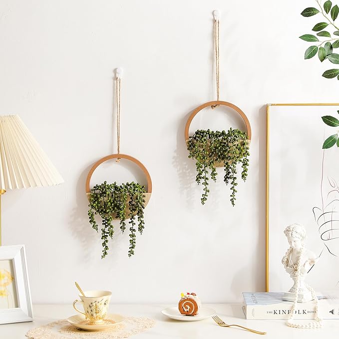 2 Pack Fake Plants, Large Artificial Hanging Plants Hanging Planter Fake Succulents Artificial String of Pearls with Pot and Lanyard for Living Room Bathroom Home Office Wall Decoration