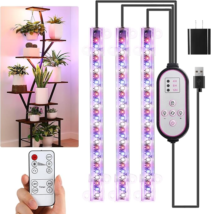 7.8'' LED Grow Light Strips, Grow Lamps for Indoor Plants Full Spectrum, Plant Light with 4/8/12H Timer, 10 Dimmable Levels for Seedling Succulent,Best Match for Plant Shelf, 3 Head