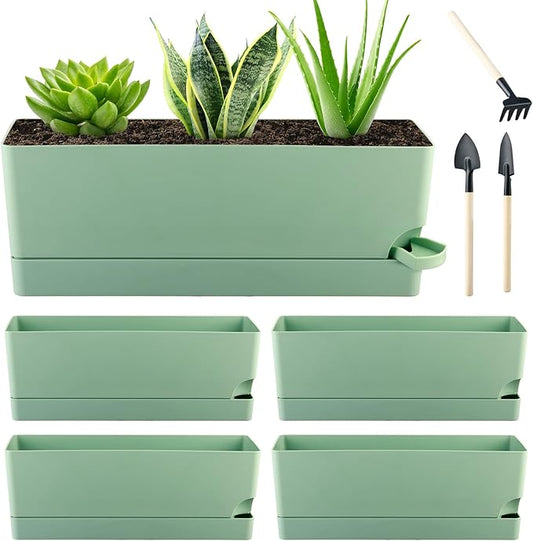 4 Pack Self Watering Pots for Indoor Plants 17 Inches Window Boxes Planters Rectangular Flower Pots Rectangle Herb Pots Large Plant Pots with Drainage Holes and Saucers Windowsill Planter, Green