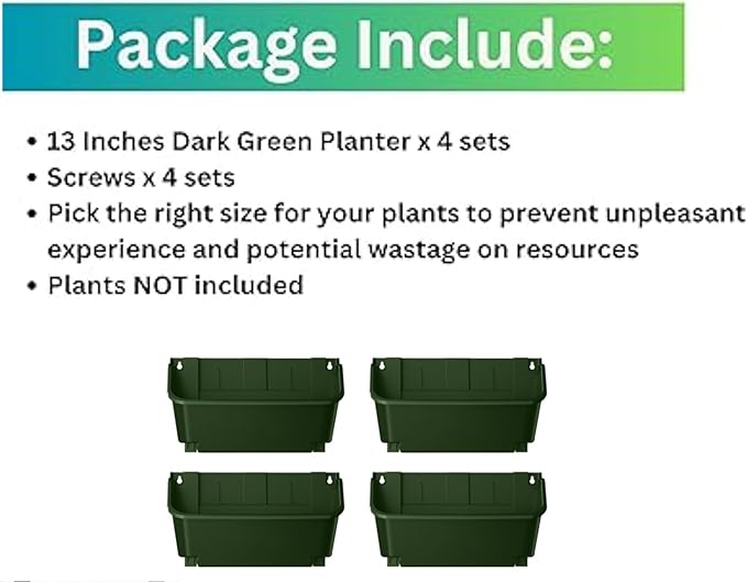 Maxona Vertical Garden Planter - 4 Pack, 13 inch Wall Mounted Planter for Patio Outdoor Decor, Home Green Plastic Pot Balcony Plant Vegetable Fruit Herb Hanging Pocket Holder Flowerpot