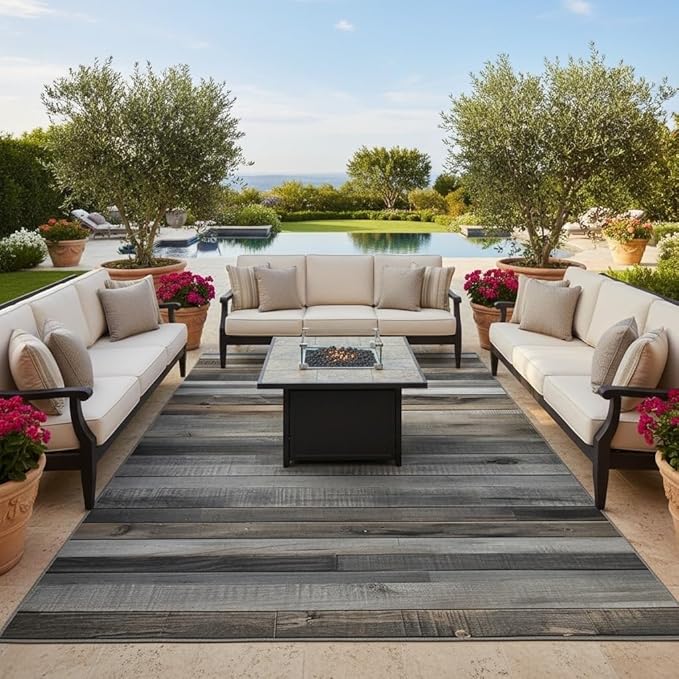 Rustic Washable Wooden Board Outdoor Area Rug 5x8 Natural Wood Grain Outdoor Rug for Courtyard Balcony Deck Backyard Patio Front Porch Waterproof Anti Slip Lightweight Foldable Carpet Grey Brown