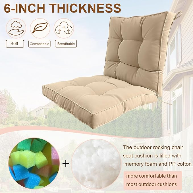 2 Piece Outdoor Patio Chair Cushions, Fade Resistant Outdoor Cushions for Patio Furniture, 6 inch Thickened Rocking Chair Cushions Set (Khaki, 24x24x6 inch - 2 Pieces)