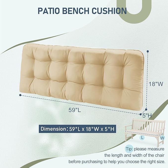 downluxe Outdoor Bench Cushion for Patio Furniture, Waterproof Tufted Overstuffed Porch Swing Cushions, Thick Outdoor Loveseat Cushions, 59" x 18" x 5", Khaki, Set of 1