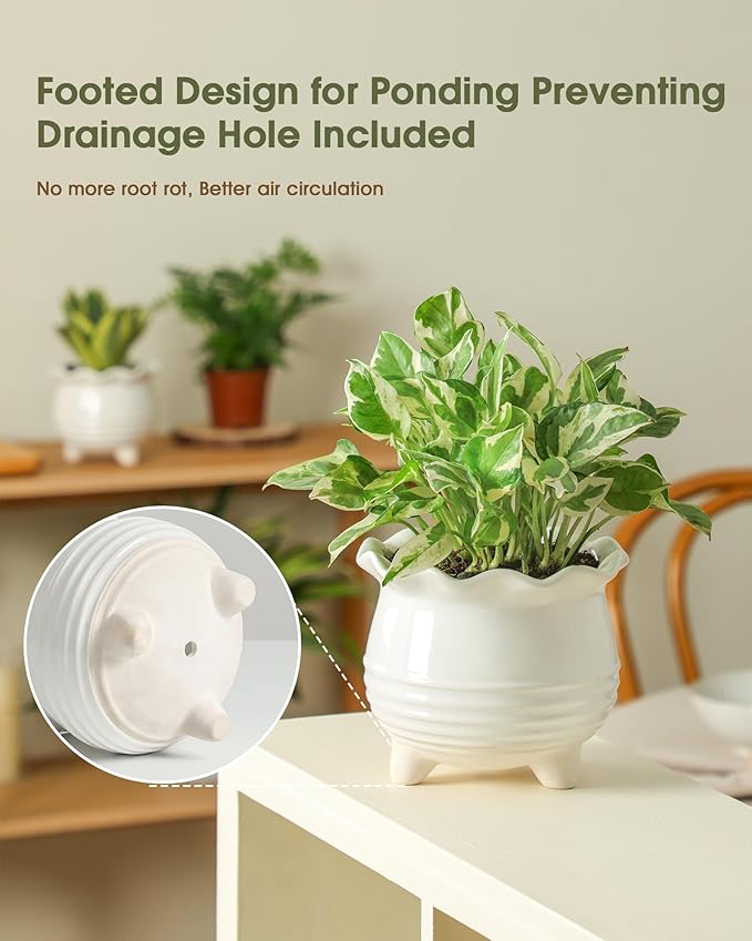 Ceramic Planter, 2 Piece Ceramic Planter Set with Drainage Hole for Home and Office, Indoor Plant Potting, Suitable for Succulents, Bonsai, Snake Grass and Money Tree, etc. (White)