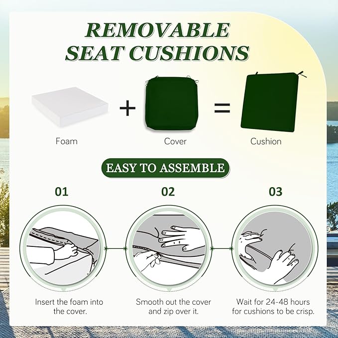 Waterproof Outdoor Chair Cushions Set of 2, Square Outdoor Seat Cushions with Ties and Removable Covers, 19 x 19 Outdoor Cushions for Patio Furniture with Portable Handle(Forest Green)