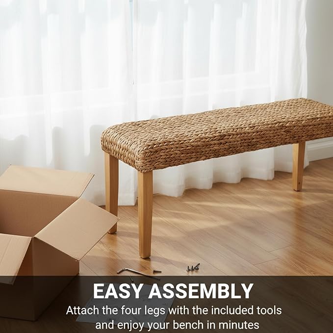 Solid Wood Acacia Indoor Bench with Natural Woven Seat, 47" Boho Bench Entryway, Wood Bench for Living Room or Entryway, Vintage Bench (Fishbone Style - Natural, Water Hyacinth)