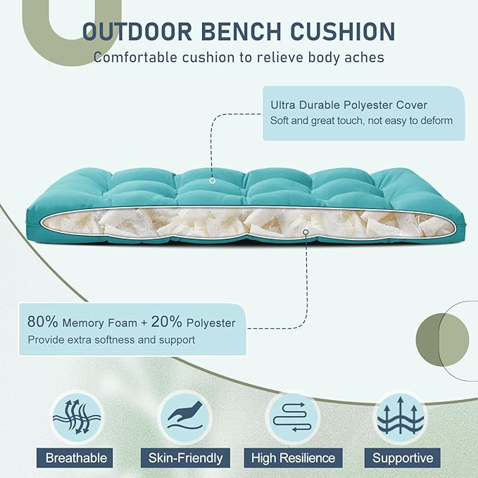 downluxe Outdoor Bench Cushion for Patio Furniture, Waterproof Tufted Overstuffed Porch Swing Cushions, Thick Outdoor Loveseat Cushions, 44" X 19" X 5", Teal, Set of 1