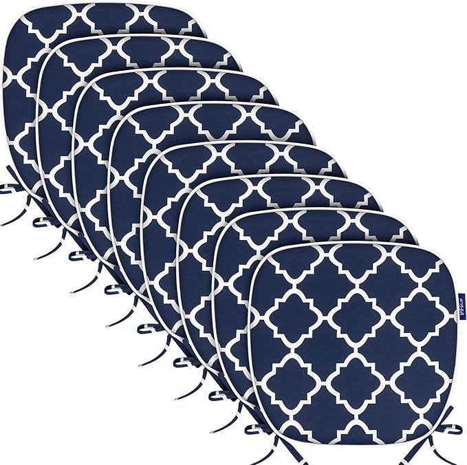 SleepMan Outdoor 17"x16" Chair Cushions with Ties Set of 8, Water Resistant All Weather U-Shape Seat Pads for Patio Garden Furniture Indoor Fade Resistant Patio Cushions (Blue Plaid)