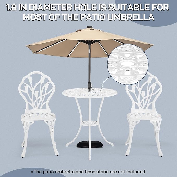 Outvita Patio Table and Chairs Set, Cast Aluminum Outdoor Cafe Table and Chairs Set of 3, Stability Patio Bistro Sets with Umbrella Hole for Garden, Patio, Balcony, Tulip Pattern White