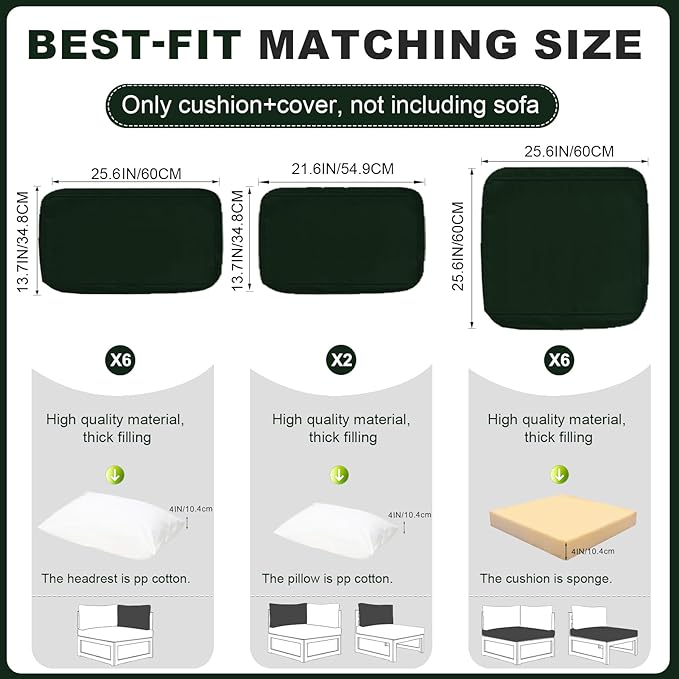 Patio Sectional Cushions, 14-Piece Replacement Cushions for Outdoor Furniture, Water-Resistant Outdoor Sofa Cushion for 6-Seat Rattan Wicker Sectional Conversation Sets (Dark Green)