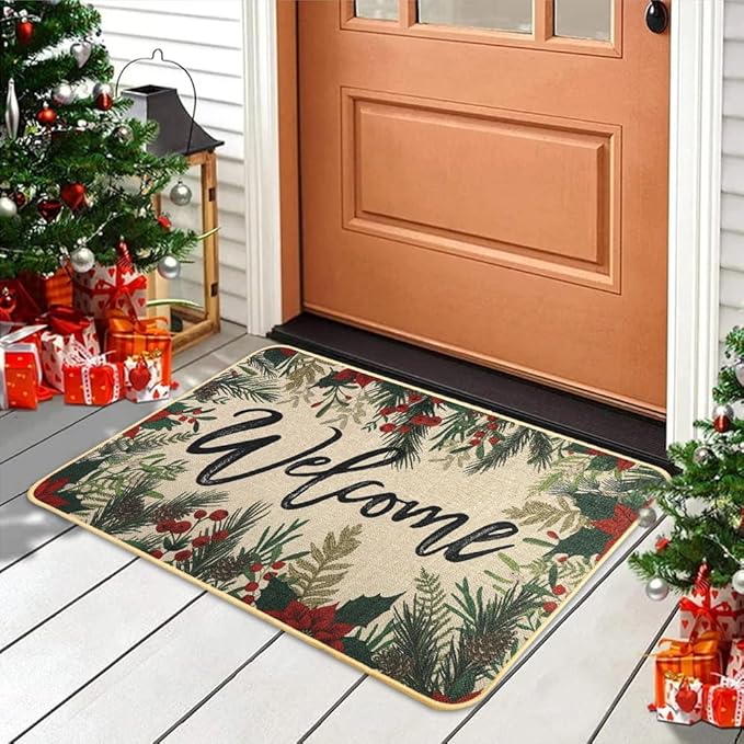 Christmas Welcome Doormat，Winter Christmas Outdoor Safflower Garden Rug Leaves Decor Floor Front Door Mat Non-Slip Entrance Mat for Home Kitchen Bathroom Decorations 17 X 29 Inch