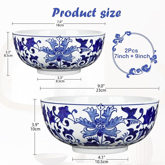 Hollyone Set of 2 Blue and White Vase Porcelain Planters 7 + 9 inch Garden Bowl Modern Ceramic Pots Classic Chinese Floral Vase for Indoor Outdoor Succulents Bonsai Fairy Gardens Herbs