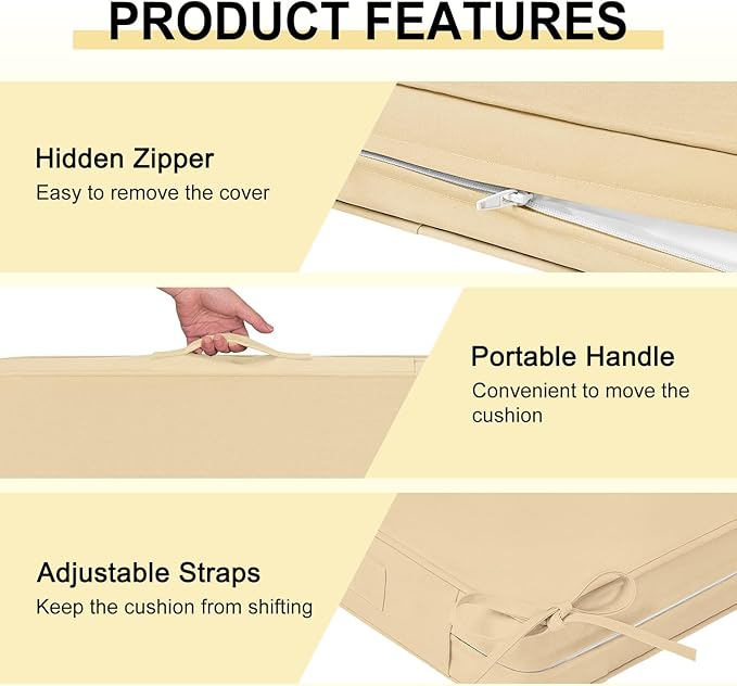 downluxe Waterproof Outdoor Chair Cushions for Patio Furniture, 24" x 24" x 4" Patio Chair Cushion with Adjustable Ties & Portable Handle, Square Outdoor Cushion with Removable Cover, Beige, 2 Pack