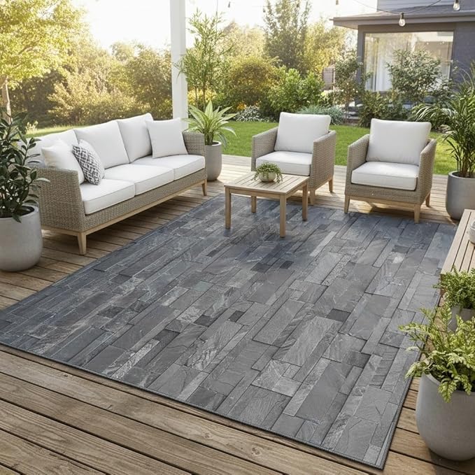 3D Print Dark Grey Stone Wall Pattern Washable Outdoor Rug for Patios Balcony Deck Porch Backyard Garden Retro Stone Brick Texture Carpet Waterproof Non Slip Camping Rv Picnic Yard Outside Mat 6x9