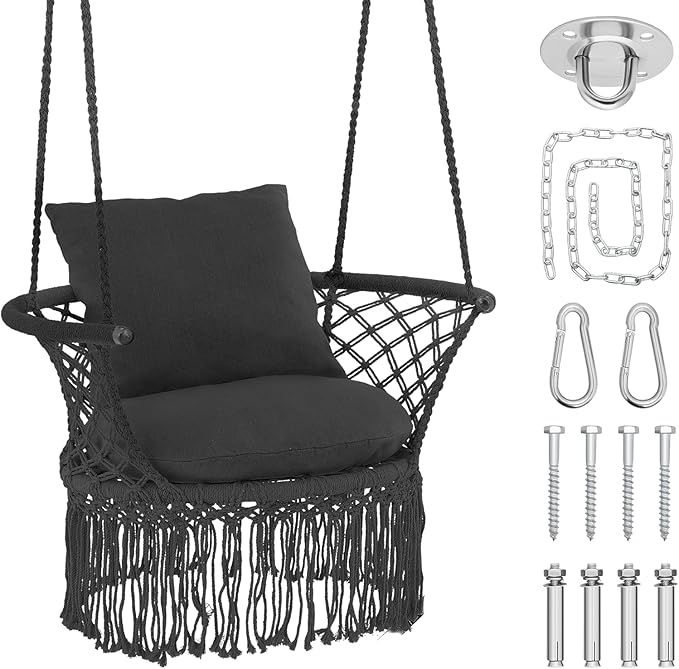 Athena Collection Hammock Swing Chair with Cushion, Outdoor Macrame Chair with Mounting Hardware, Max 350 Lbs, Large Cotton Rope Hanging Chair for Outdoor Indoor Porch Garden, Black