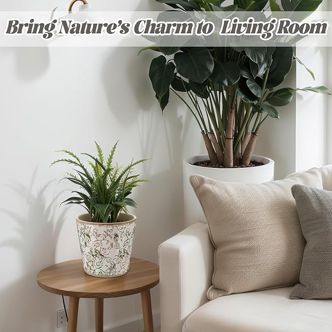 Farmhouse Ceramic Planter 5.5 Inch Large Plants Pot Ice Crack Beige Green Floral Vines Plant Pots with Drainage Hole Indoor Plants Kitchen Rustic Antique Decor Gift