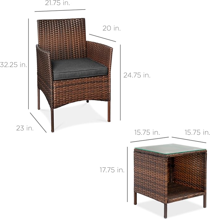 Best Choice Products 3-Piece Outdoor Wicker Conversation Bistro Set, Space Saving Patio Furniture for Garden w/Side Table - Brown/Stone Gray