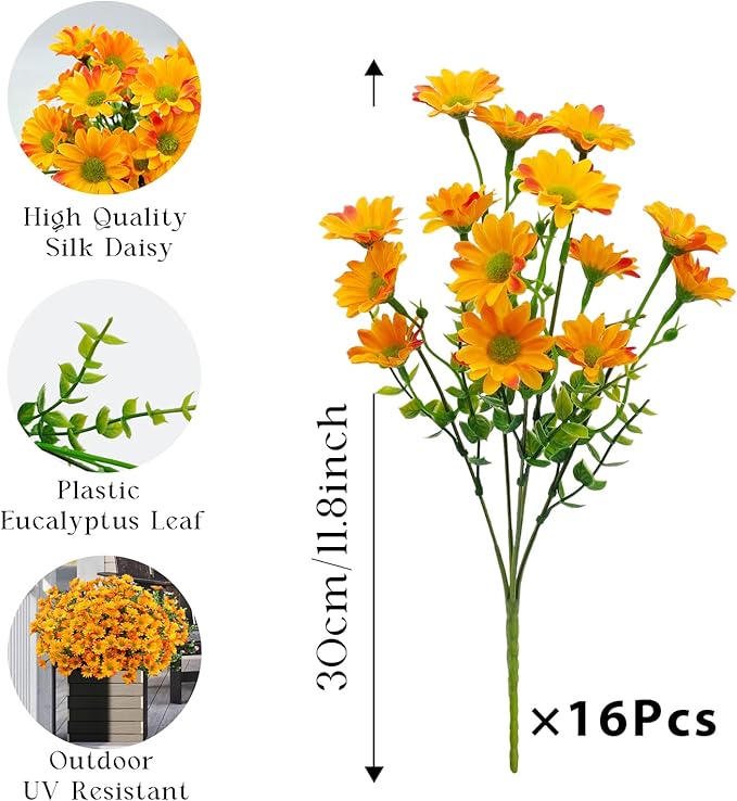 16 Bundles Silk Daisy Artificial Flowers for Outdoors UV Resistant Fake Daisies Plastic Plants Flower for Home Outside Front Door Porch Garden Patio Planters Decoration (Orange)