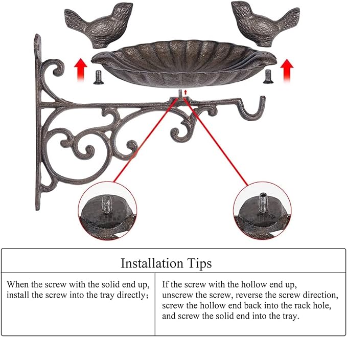 Sungmor Heavy Duty Cast Iron Bird Feeder with Hanging Bracket - Wall Mounted Bird Bath - Vintage & Lovely Birds Hanger Wall Hook for Planters, Lanterns, Wind Chimes and More Garden Decorative Items