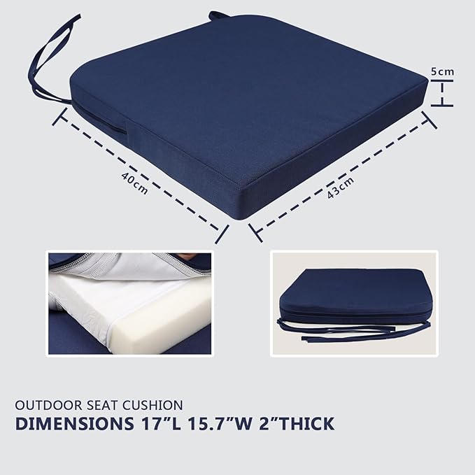 Homcomoda Outdoor Chair Cushions Set of 4 Waterproof Patio Chair Cushions with Ties Memory Foam Outdoor Seat Cushion for Patio Furniture,17 x 16x 2 Inch,Navy Blue