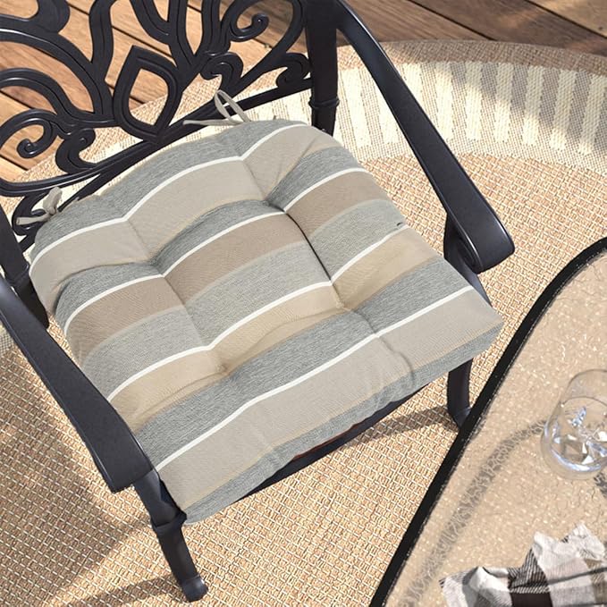FUNHOME Outdoor Chair Cushions 19 x19 Inch,Water Resistant Tufted Seat Cushions 19",Reversible,Weather Resistant,Rounded Back Wicker Chair Cushion for Patio Garden Furniture(Gray Stripe)