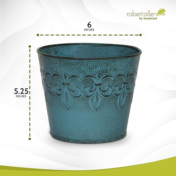 Headwind Ironlite Fleur De Lis Collection – 6" Surf Blue Decorative Planter with Drain Plug – Lightweight Metal Garden Pots for Indoor & Outdoor Planters Use by Robert Allen
