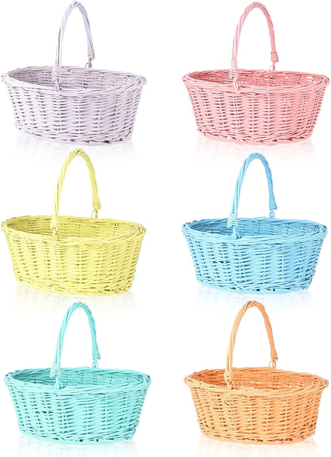 Barydat 6 Pcs Small Wicker Picnic Basket with Handle Flower Girl Baskets Oval Willow Woven Braided Gift Basket for Easter Weddings Baby Shower Home Garden Decor (Multicolor,12'' x 9'' x 5'')