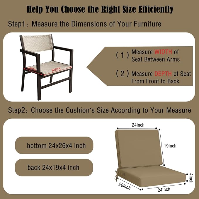 idee-home Outdoor Cushions for Patio Furniture, Outdoor Seat Cushion, Waterproof Couch Hampton Bay Deep Seat Replacement Chair Cushions for Garden Lawn Backyard Deck, 24 x 26