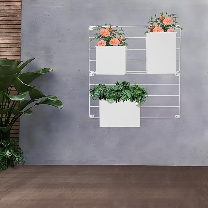 Vertical Garden Wall Planter, Wall Mounted Plant Holder with Grid and 3 Pots, Indoor Outdoor Hanging Garden Planter for Patio Herb Load Capacity 44.09 lbs 19.69x19.69inch (White)