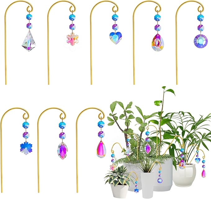 Potted Plant Trellis with Colorful Crystal Sun Catchers, 6.7 Inch Metal Plant Stakes, Fairy Stakes for Mini Potted Plant Decoration for Home Window Garden (8 Pack)