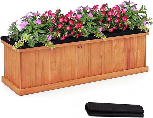 Giantex Outdoor Raised Garden Bed, 40” x 13” x 12” Pine Wood Planter Box with 3 Drainage Holes, Removable Bottom & Bed Liner, Rectangular Flower Container for Vegetables, Herbs, Indoor & Outdoor