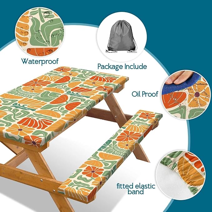 Picnic Table Covers with Bench Covers Boho Patchwork Orange Green Flower Pattern Camping Tablecloth Fitted Picnic Table Cover with Elastic Windproof Waterproof, Camping Accessories Outdoor, 96In 3PCS