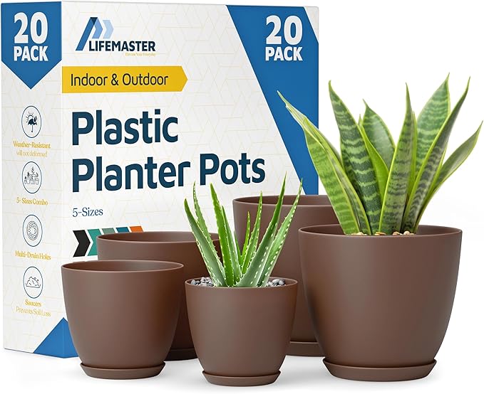 Planter Pots with Drainage Holes - Lightweight, Durable & Space-Saving Pots for Indoor and Outdoor - Versatile Functionality, Simple Modern Design, Set of 20 Plastic Planter Pots - Brown