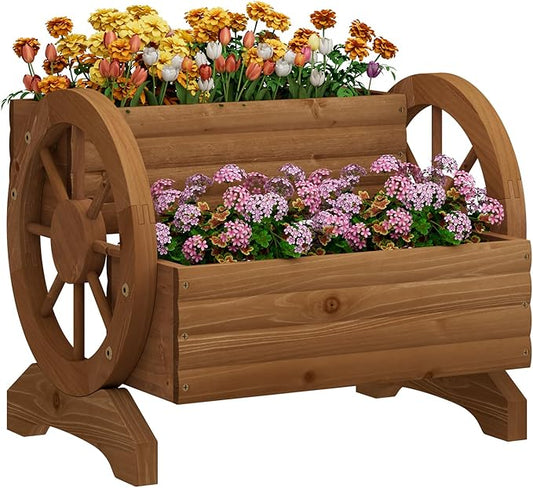 Garden Planter with Wheels, Wooden Wagon Box, Decorative Planter for Flowers Herbs Vegetables for Indoor & Outdoor Décor Flower Cart for Patio Garden Balcony (Brown)