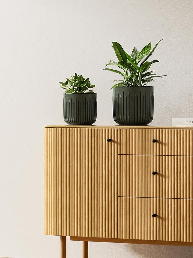 LE TAUCI Fluted Ceramic Pots for Plants, 8.3/7/6 Inch Indoor Planters with Drainage Holes & Mesh, Modern Glossy Glaze Cylinder Plant Pot for Snake Plant, Set of 3, Dark Olive