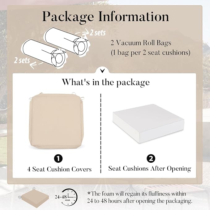 Basic Beyond Outdoor Chair Cushions for Patio Furniture, Waterproof Outdoor Seat Cushions Set of 4 18 x 18, Patio Chair Cushions Set of 4 with Ties and Handle, Beige
