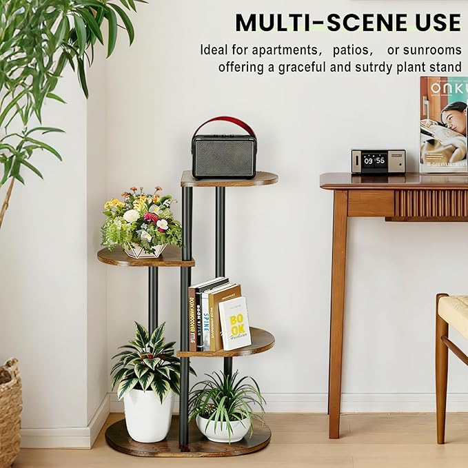 Tiered Plant Stand Indoor, Tall 4 Tier 5 Potted Wooden Plant Shelf for Multiple Plants, Multi Plant Holder Indoor for Patio Garden Patent Design Living Room Bedroom, Rustic Brown