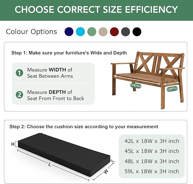 Outdoor Bench Cushion: Waterproof and Fade Resistant Patio Furniture Cushions - Non-Slip Bench Pad Cushion with Removable Cover for Garden Swing Porch Sofa Settee, 42 x 18 Inch, Black